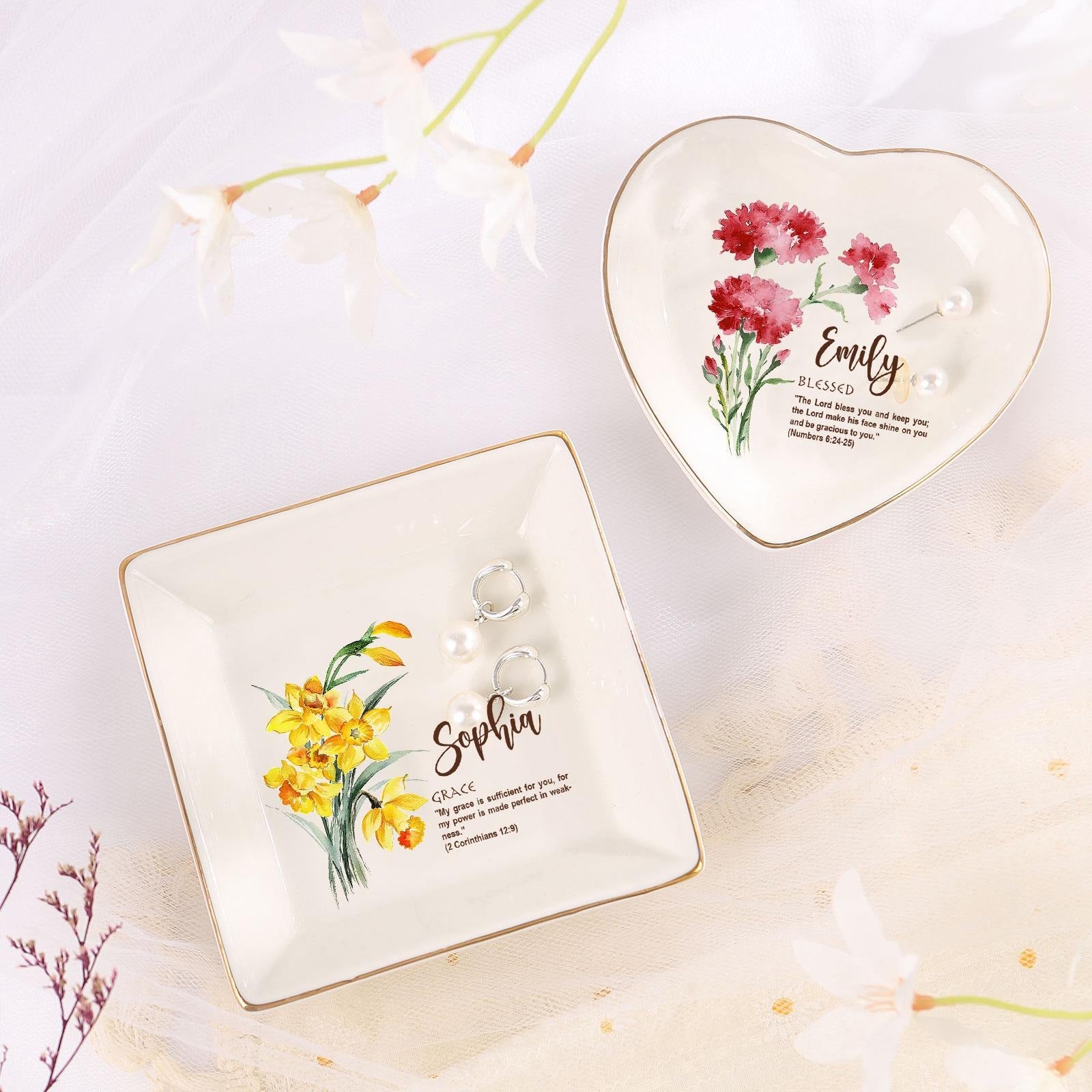 Personalized Bible Verse Floral Trinket Dish, Watercolor Birth Flower Ring Dish for Christian, The Lord Bless You, Faith Jewelry Dish Gift JDLAF06